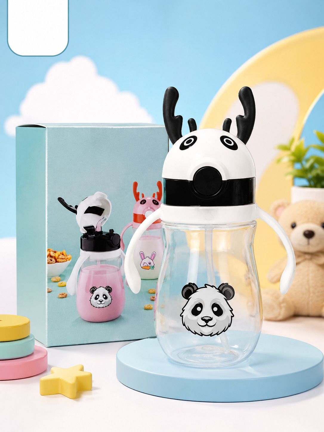 home lane Panda Buddy 400ML Kids Water Bottle with Straw, Leakproof, Cute Carry Handle-picture-13