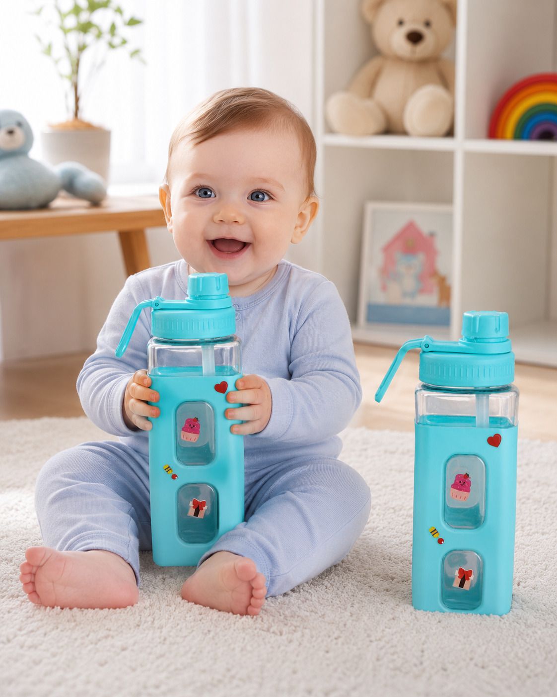 Square Plastic Water Bottle with Straw, Leak Proof BPA Free Sipper with Strap-image-28