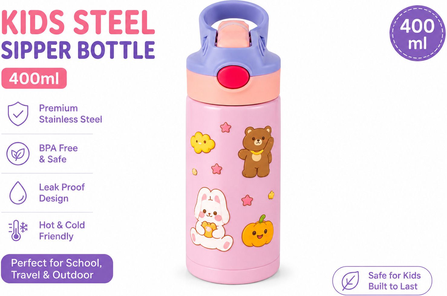 shoppizone Kids Insulated Stainless Steel Sipper Bottle 400ml with DIY Sticker Kit-picture-10