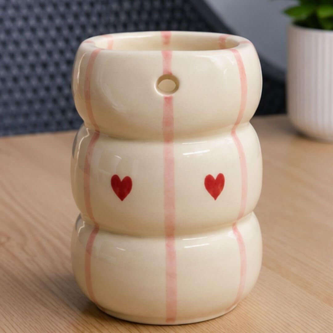 White Red Heart Tumbler with Stainless Steel Straw | Handmade Drinking Glass-image-0