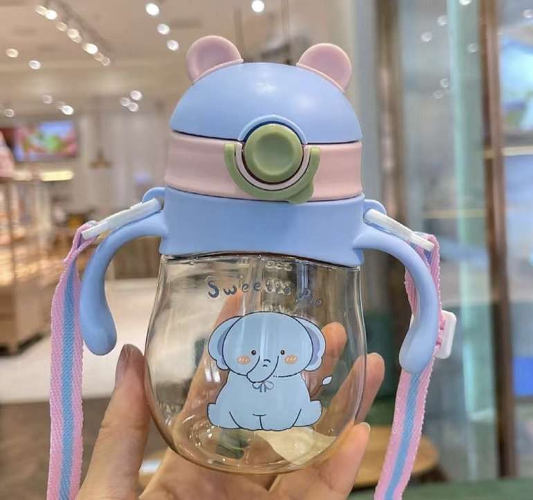 Baby Sipper Bottle Bear Design Soft Silicone Straw with Handles & Strap