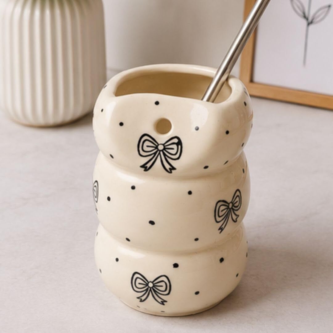 craftribal Black Ribbon Tumbler with Stainless Steel Straw | Handmade Drinking Glass |-picture-26
