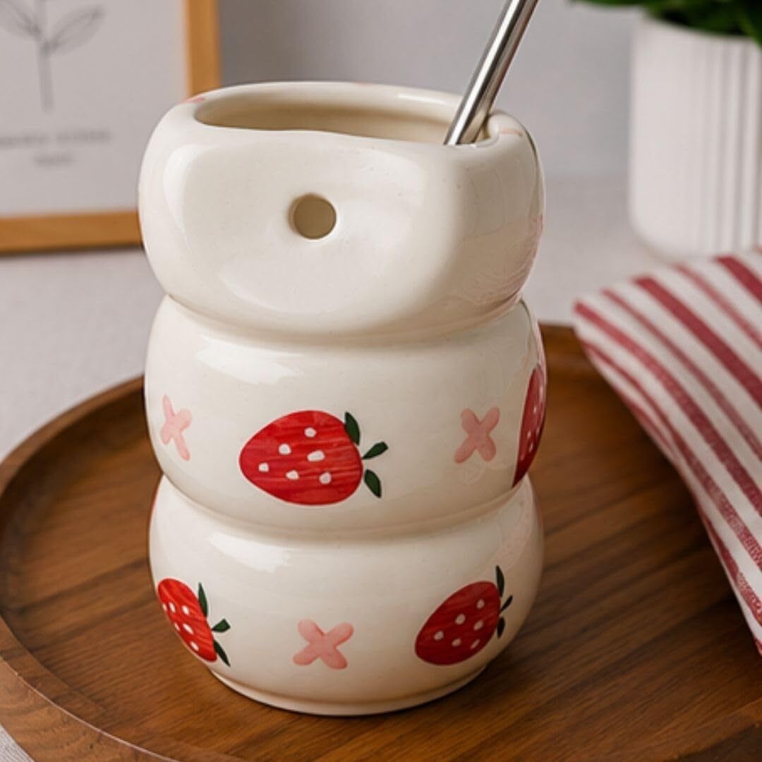 craftribal Strawberry Tumbler with Stainless Steel Straw | Handmade Drinking Glass |-picture-24