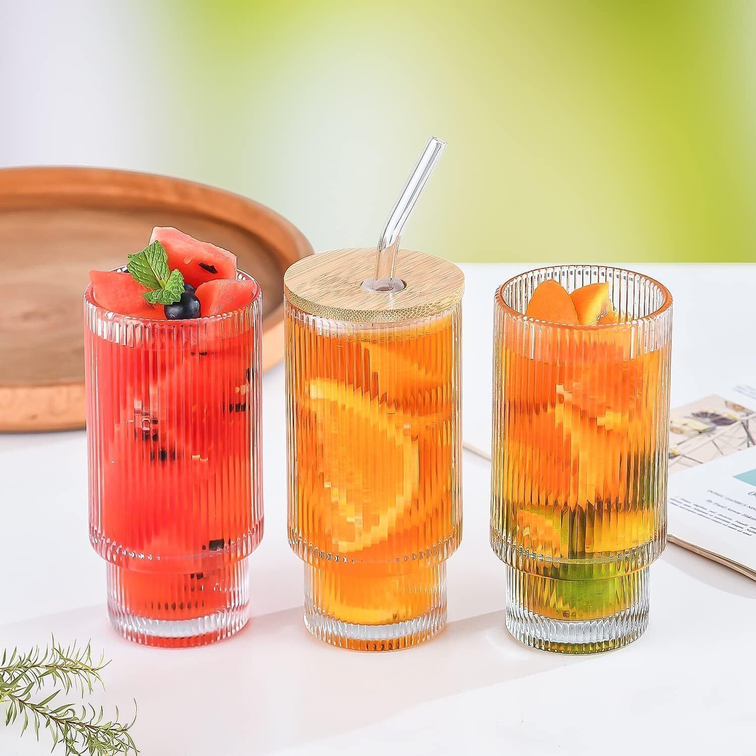 Ribbed Glass Tumbler with Bamboo Lid & Glass Straw 290 ml-image-16