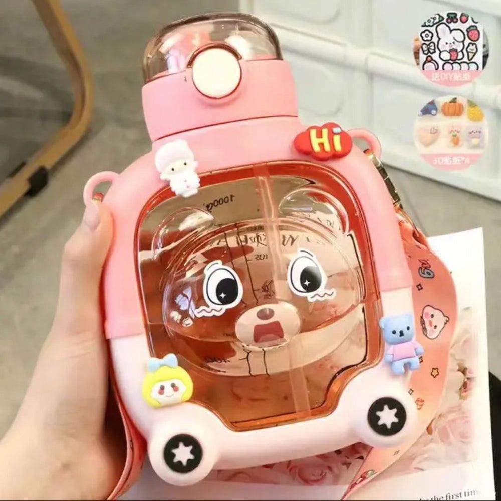 Bear Shaped Sipper Bottle for Kids -Leakproof with Straw, Strap and Stickers 1000 ml Water Bottle-image-39