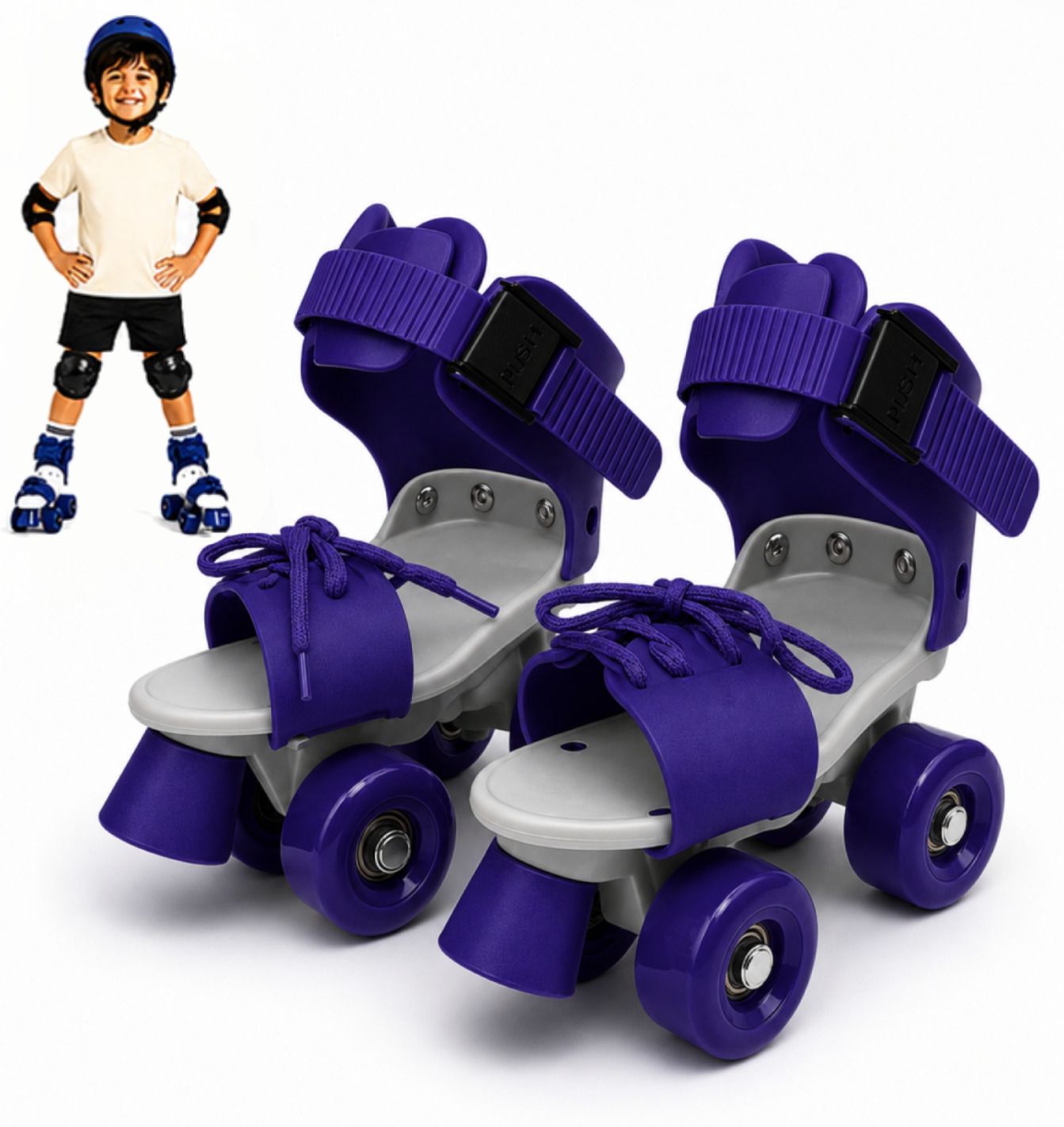 Blue Quad Roller Skates Kids Adjustable Front Brake PU Wheels Boys Girls Quad Roller Kids Size 4C UK - 9C UK-image-4