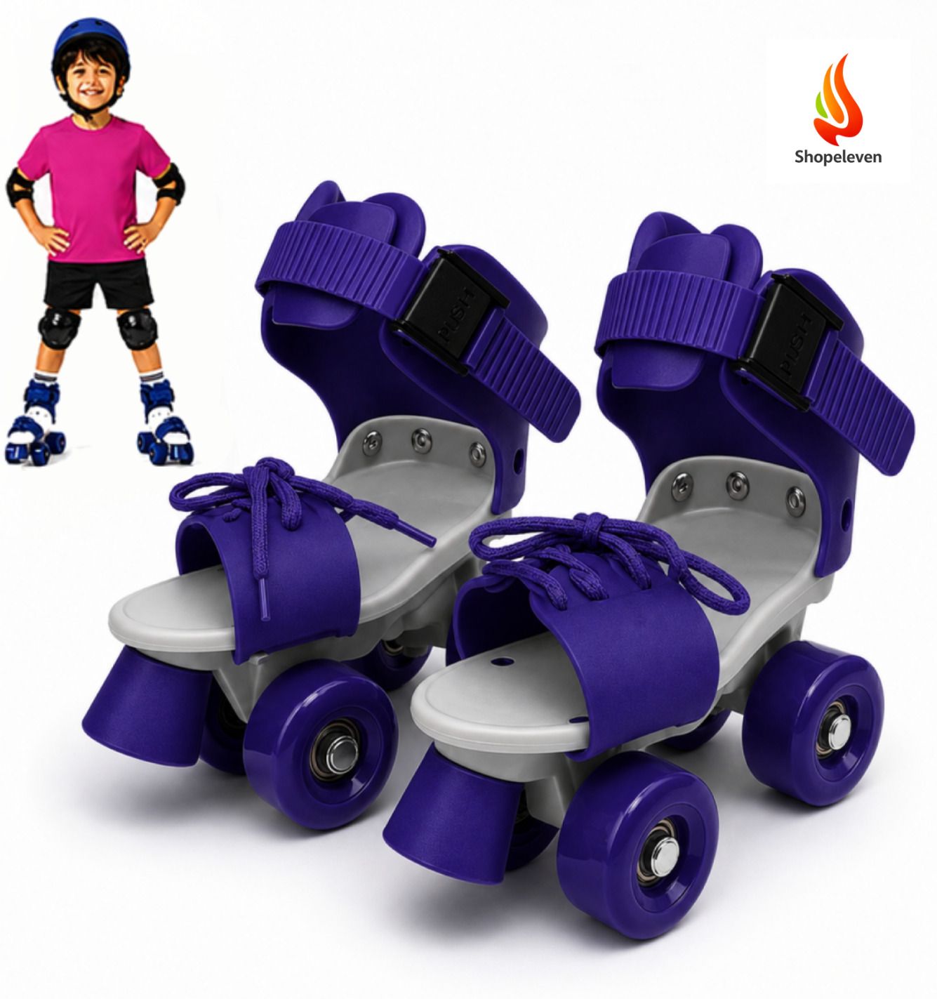 shopeleven Adjustable Quad Roller Skates Boys Girls 4-12Y PU Wheels Front Brake Blue Quad Roller Kids Size 4C UK - 9C UK-picture-44