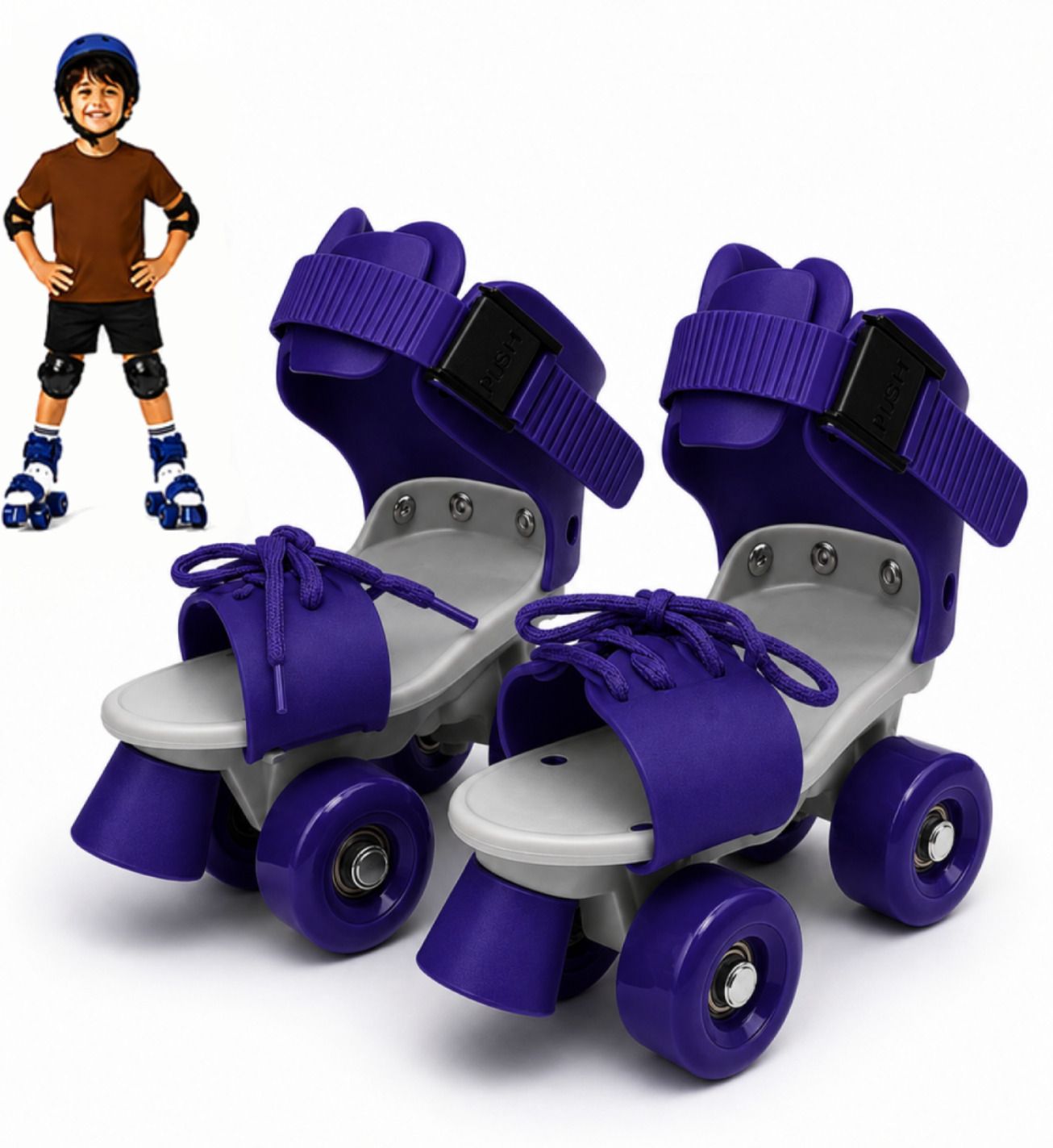 Quad Roller Skates Kids Boys Girls Adjustable Front Brake PU Wheels Blue Quad Roller Kids Size 4C UK - 9C UK-image-3