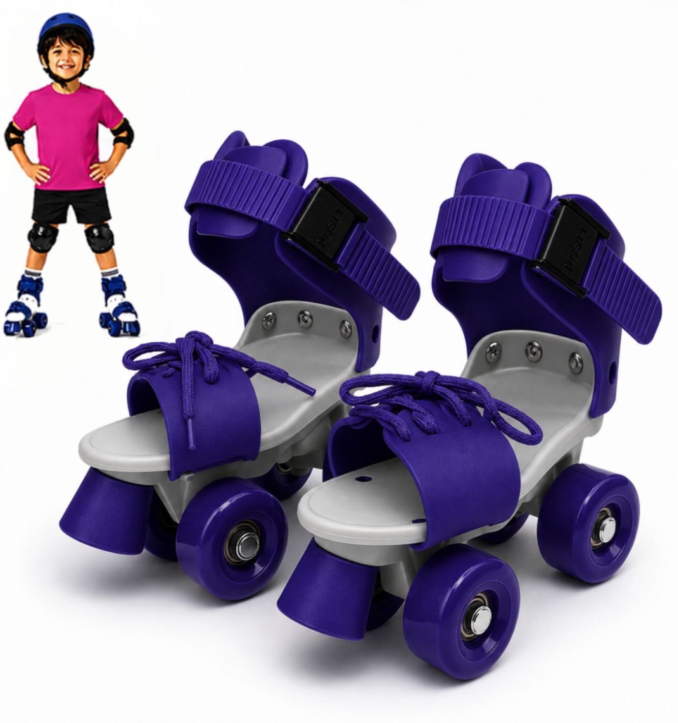 gjshop Adjustable Quad Roller Skates Boys Girls 4-12Y PU Wheels Front Brake Blue Quad Roller Kids Size 4C UK - 9C UK-picture-1