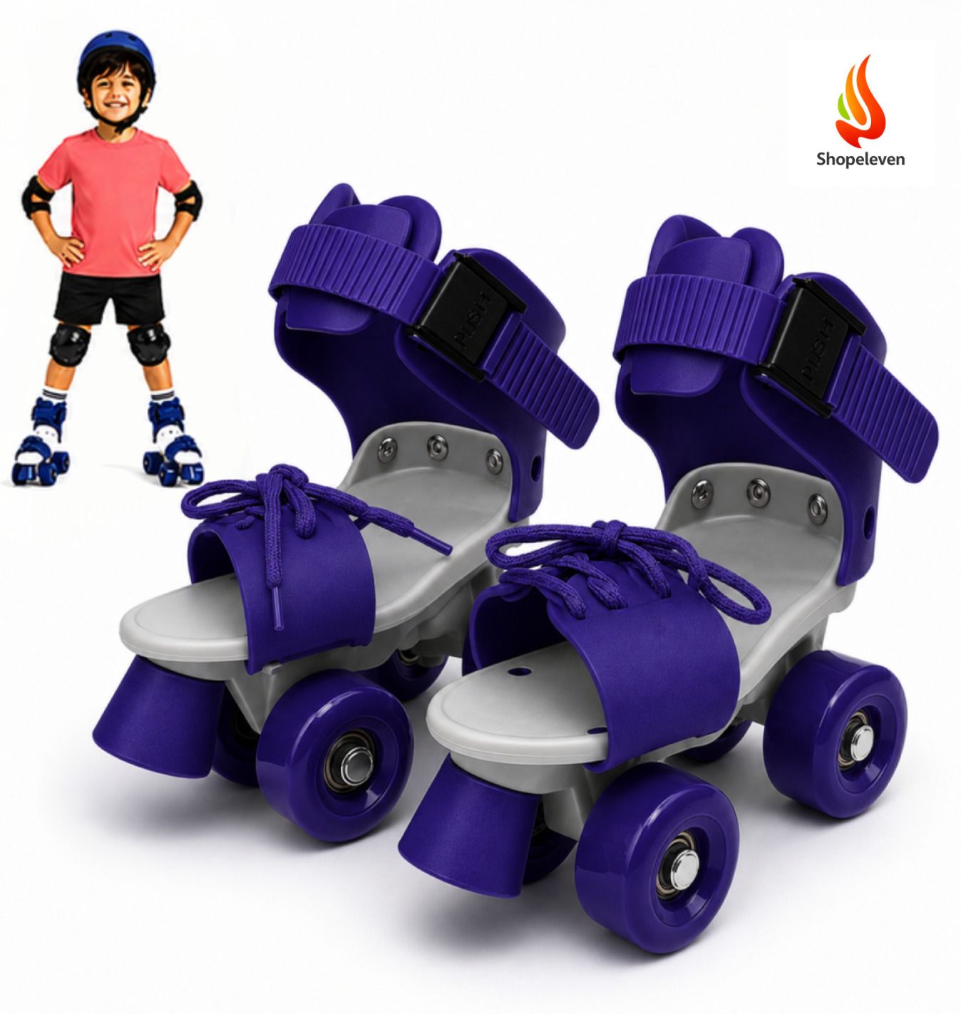shopeleven Kids Adjustable Quad Roller Shoes Front Brake PU Wheels Blue Beginners Quad Roller Kids Size 4C UK - 9C UK-picture-9