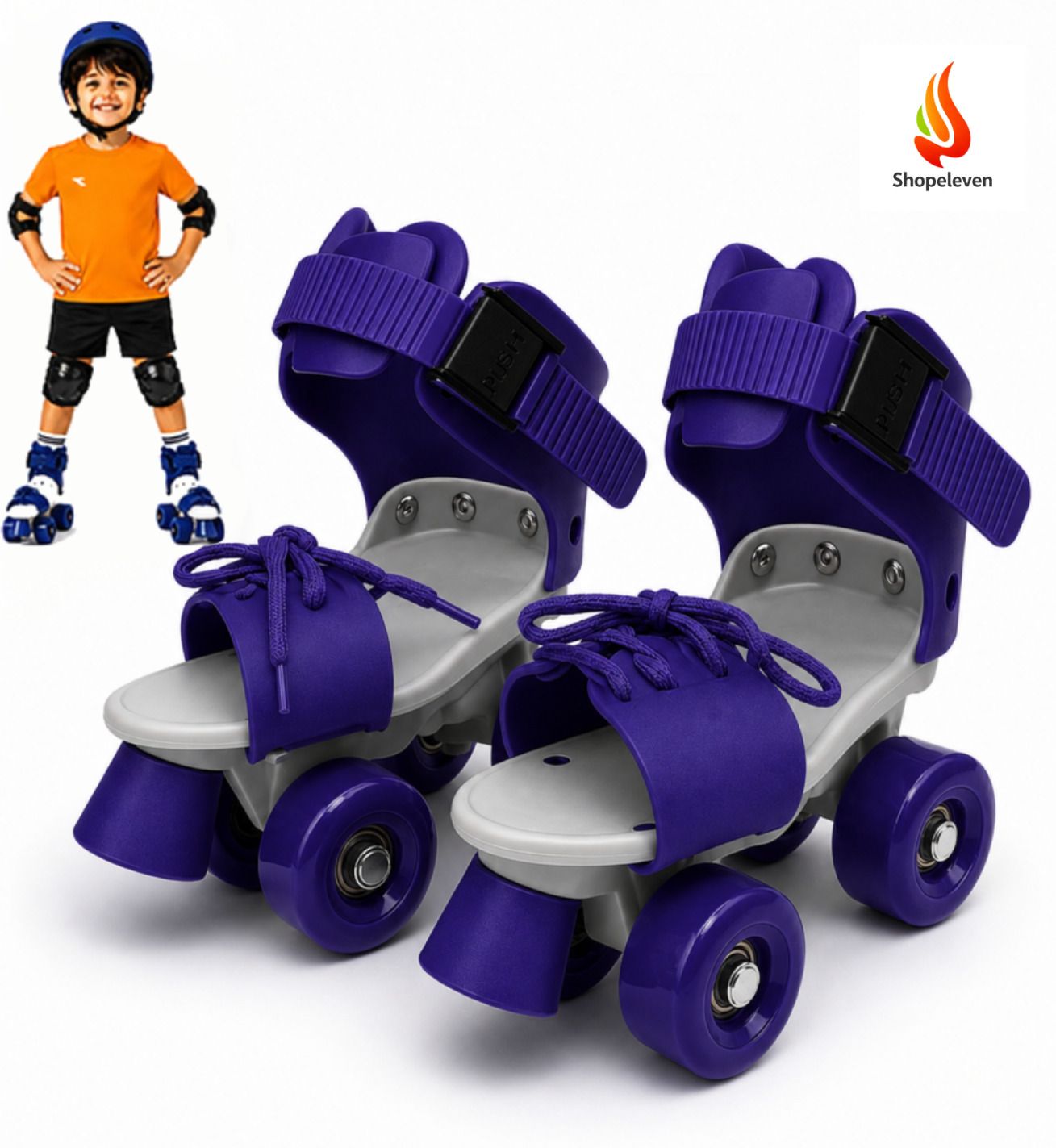 shopeleven Adjustable Quad Roller Skates Kids 4-12Y Front Brake PU Wheels Blue Beginner Quad Roller Kids Size 4C UK - 9C UK-picture-23