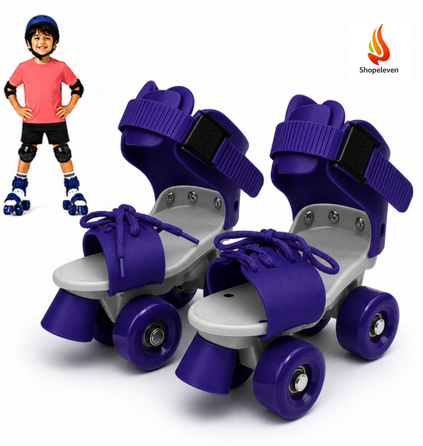 shopeleven Adjustable Quad Roller Skates Blue Kids PU Wheels Front Brake Age 4-12Y Quad Roller Kids Size 4C UK - 9C UK-picture-24