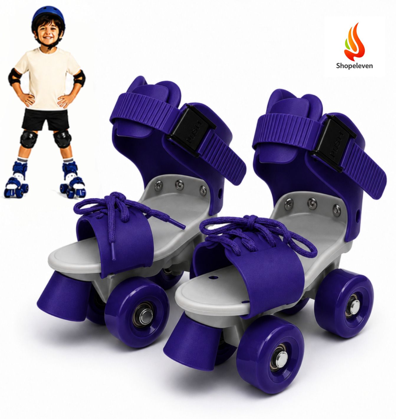shopeleven Blue Quad Roller Skates Kids Adjustable Front Brake PU Wheels Boys Girls Quad Roller Kids Size 4C UK - 9C UK-picture-25