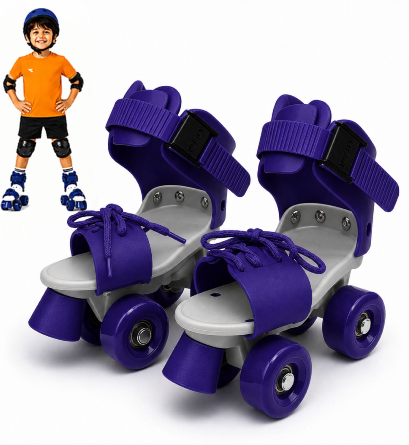 Adjustable Quad Roller Skates Kids 4-12Y Front Brake PU Wheels Blue Beginner Quad Roller Kids Size 4C UK - 9C UK-image-2