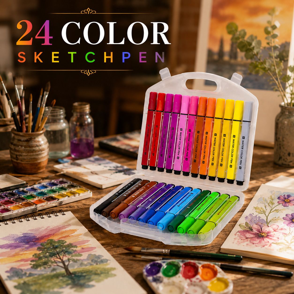 pulsbery 24 Vibrant Color Sketch Pen Set with Storage Box, Smooth Markers for Kids Smooth Fine Tip Nib Sketch Pens-picture-24