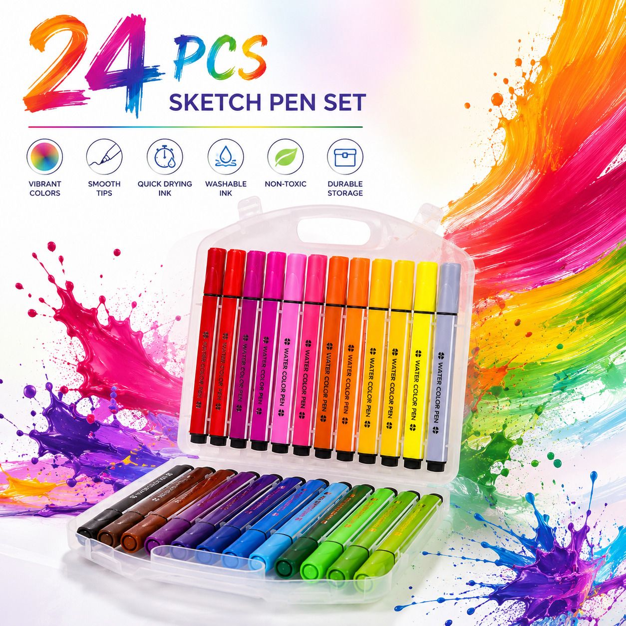 pulsbery 24 Color Water Color Sketch Pen Set with Portable Storage Case for Kids-picture-16