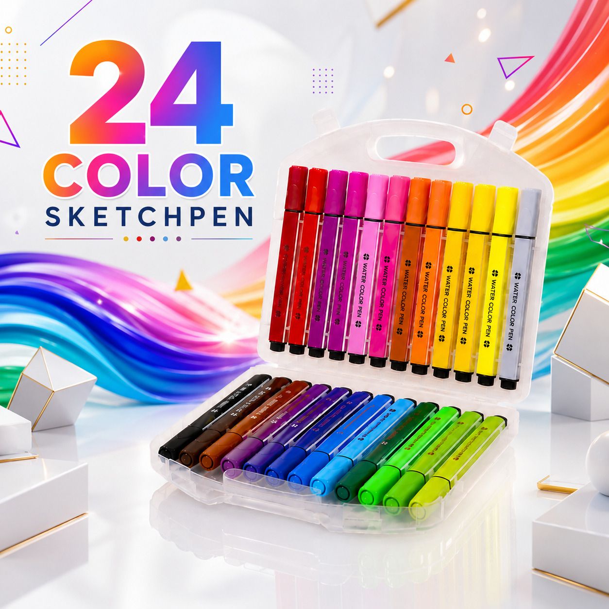 24 Color Water Color Sketch Pen Set with Storage Box for Kids & Students Quick-Drying Ink Nib Sketch Pens-image-34