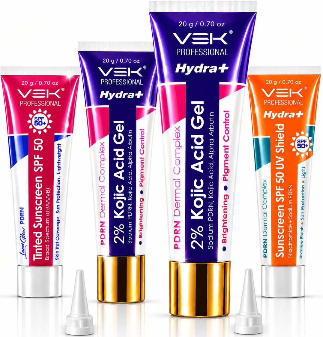 Vsk Professionals Hydrate 2% Kojic Acid Serum in Gel with PDRN Dermal Complex, Glow Sunscreen & Tinted Sunscreen SPF 50+ | Alpha Arbutin Brightening Treatment for Dark Spots, Melasma & Uneven Skin Tone | Lightweight Non-Greasy Daily Use Combo |4 Tubes 20g-image-41
