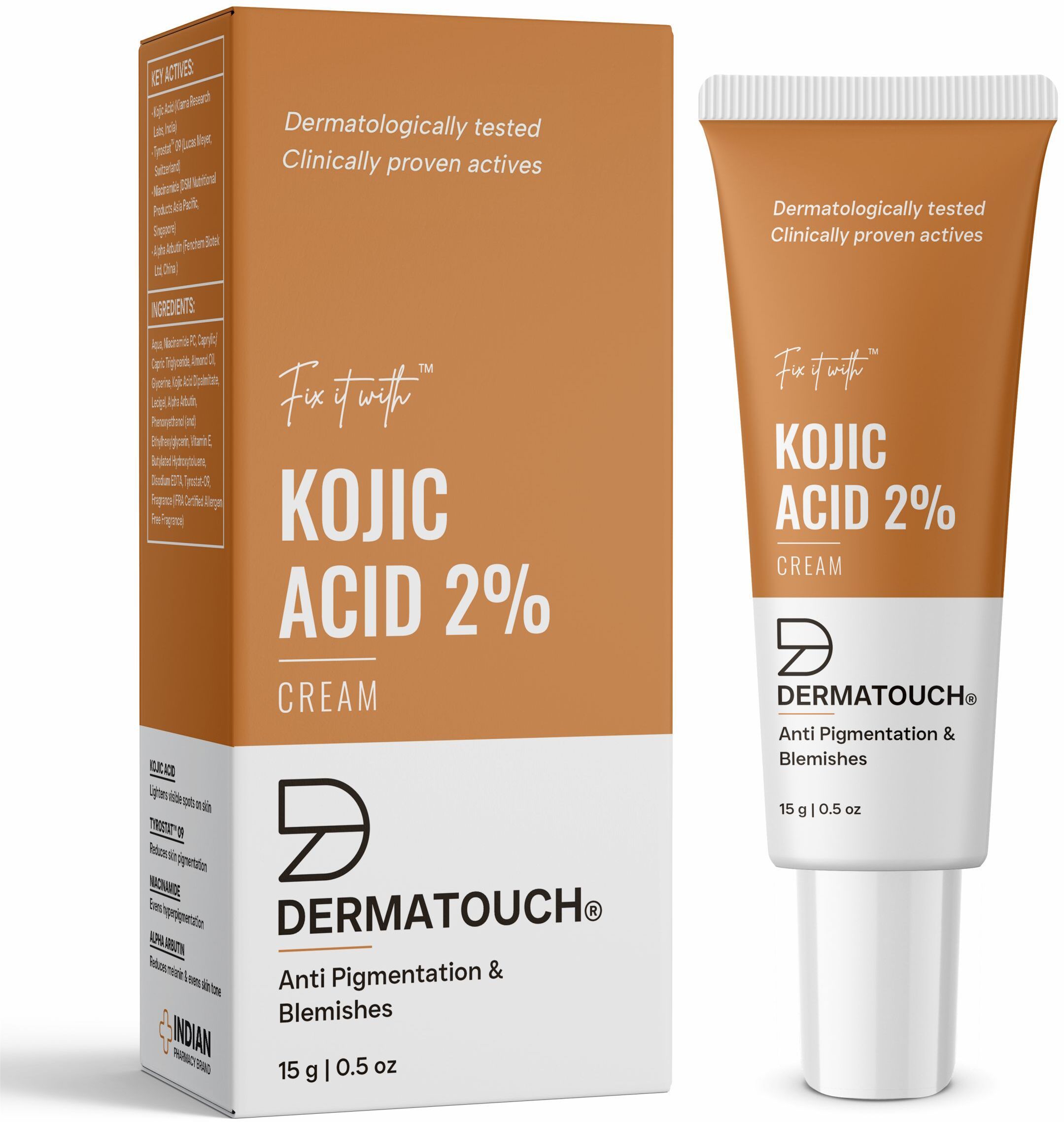 Dermatouch Kojic Acid 2% Cream | For Pigmentation & Dark Spot Reduction | Suitable For All Skin Types | 15 G