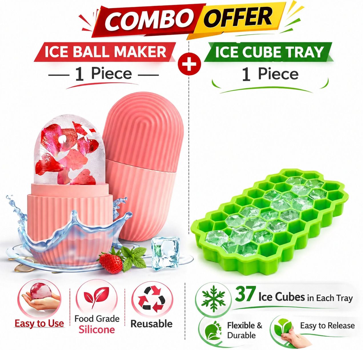 Puno combo of Honey Ice tray and Face Ice roller for remove pimples Multicolor Silicone Ice Cube Tray-image-39