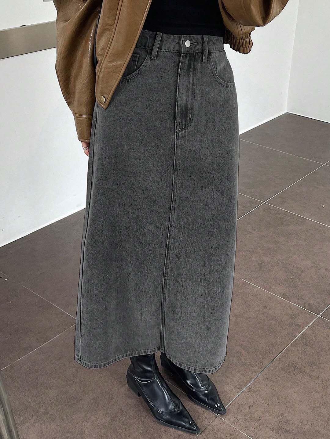 Women Solid Straight Grey Skirt-image-44