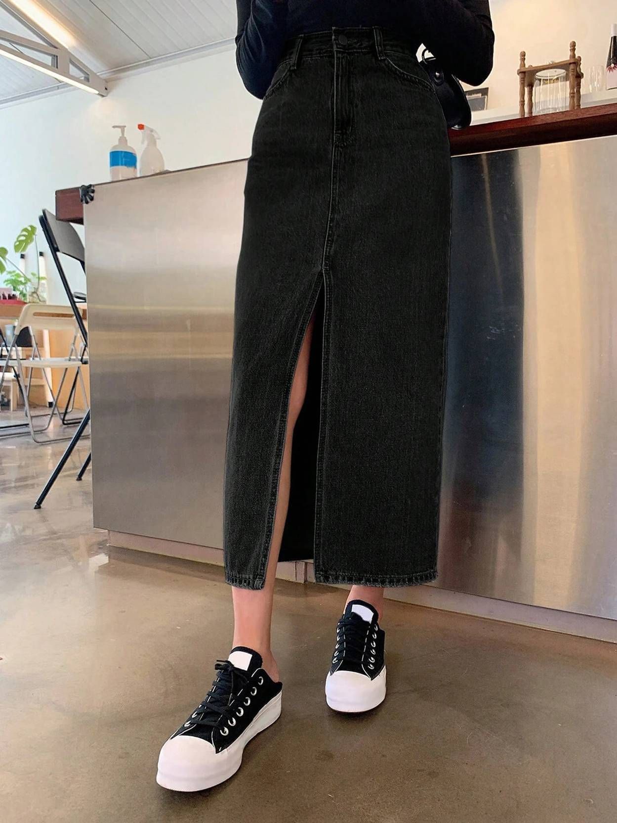 kotty Women Solid Straight Black Skirt-picture-15