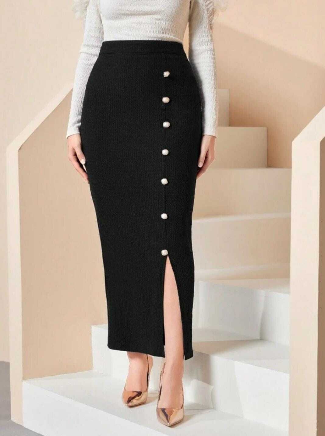 Women Solid Pencil Black Skirt-image-37
