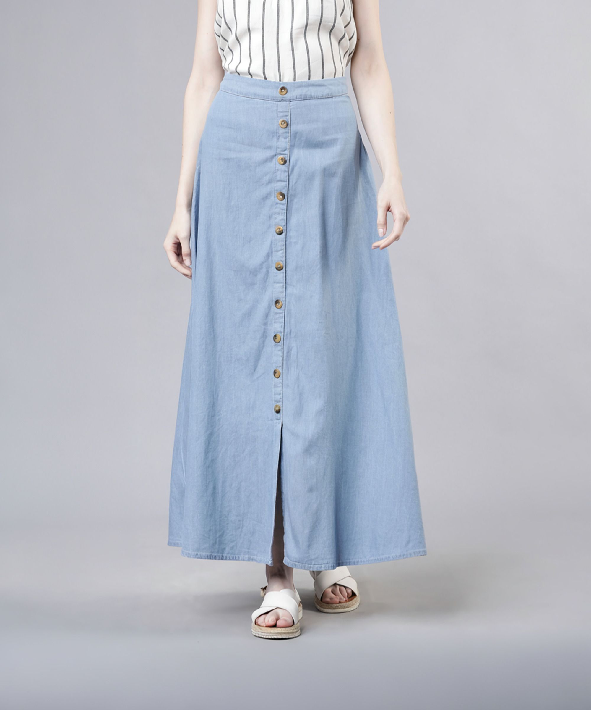 Women Solid Flared Light Blue Skirt-image-27