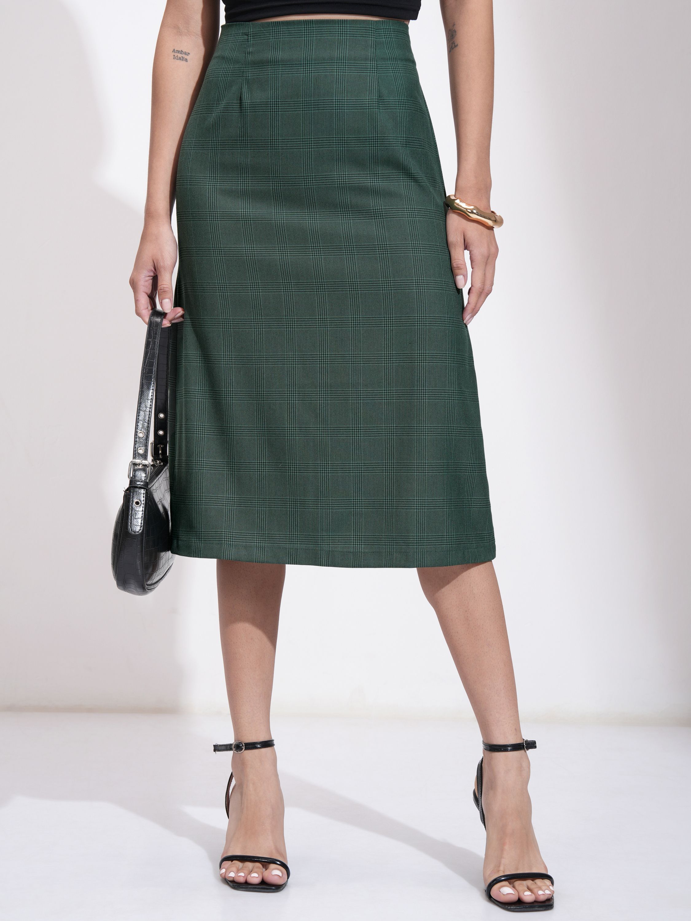 tokyo talkies Women Checkered A-line Green Skirt-picture-15