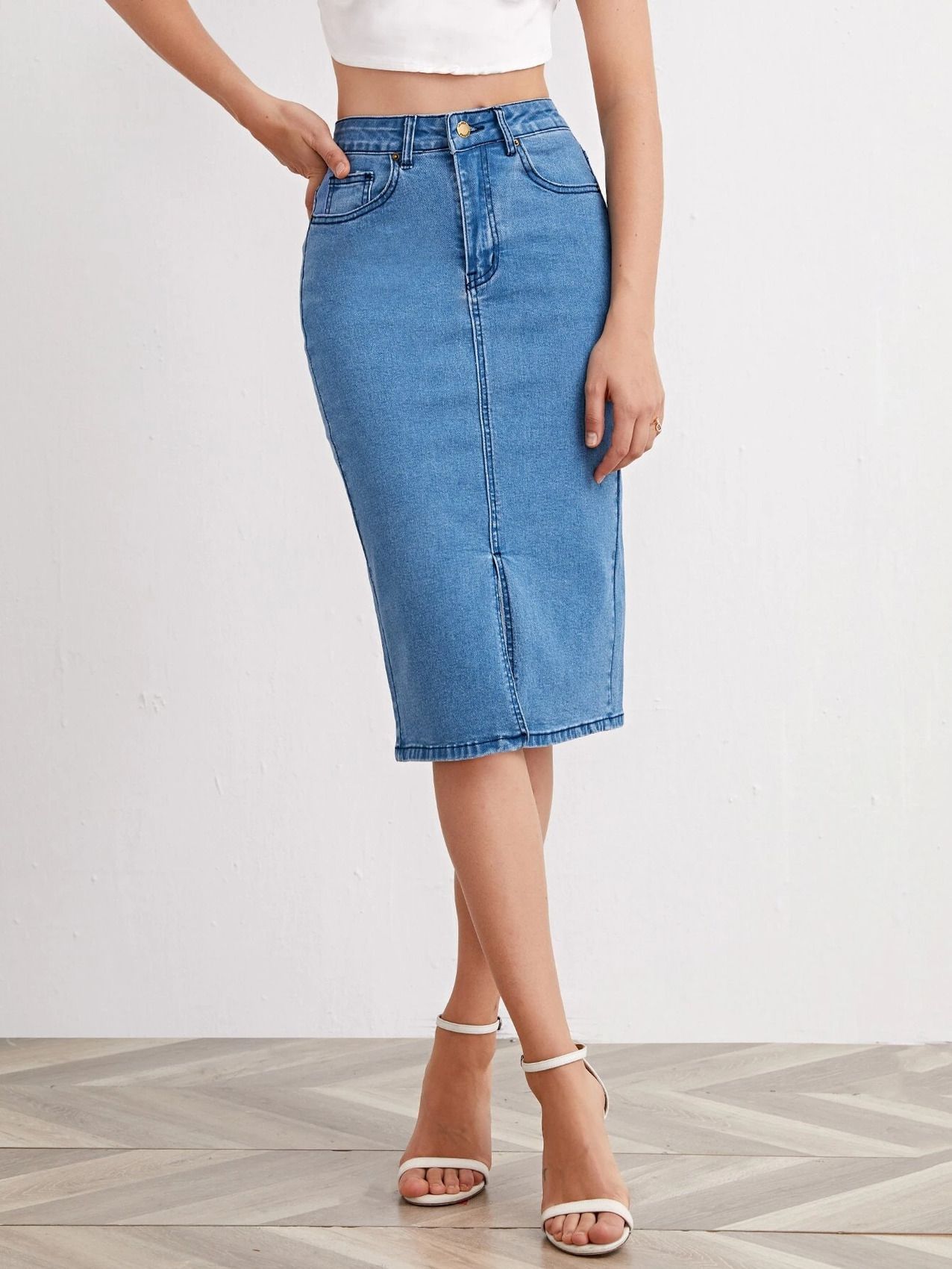 dolsia Women Solid Pencil Blue Skirt-picture-11