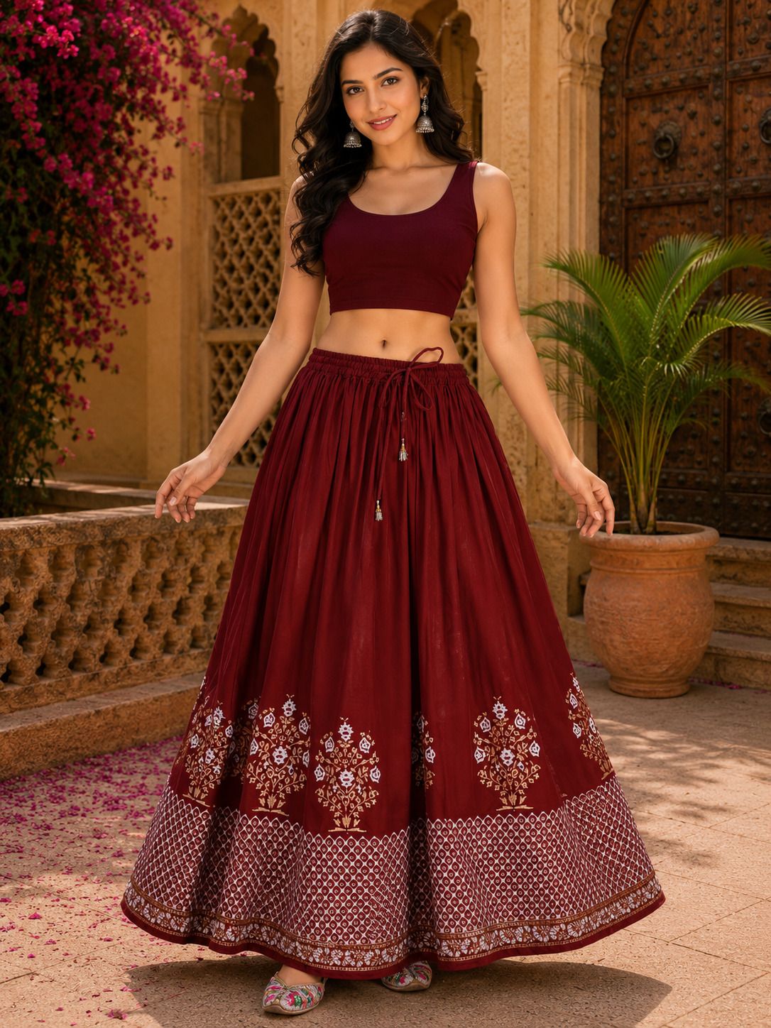 rangsthai Women Printed Flared Maroon Skirt-picture-16