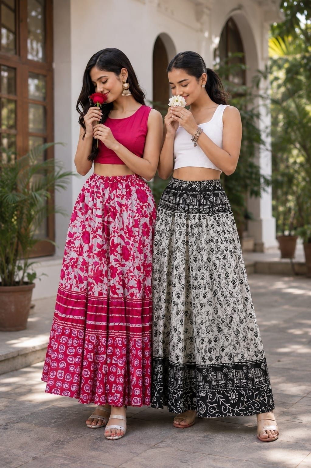 om creation Women Floral Print, Printed Flared Pink, Black Skirt-picture-11