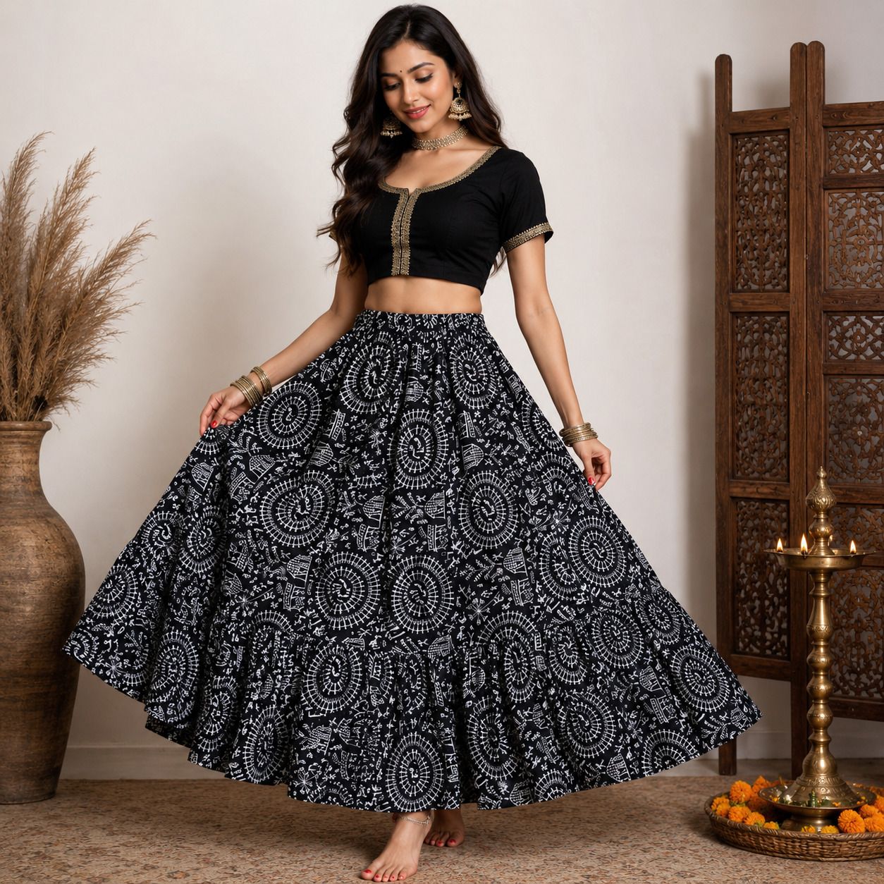 sonamoni Women Printed A-line Black Skirt-picture-22