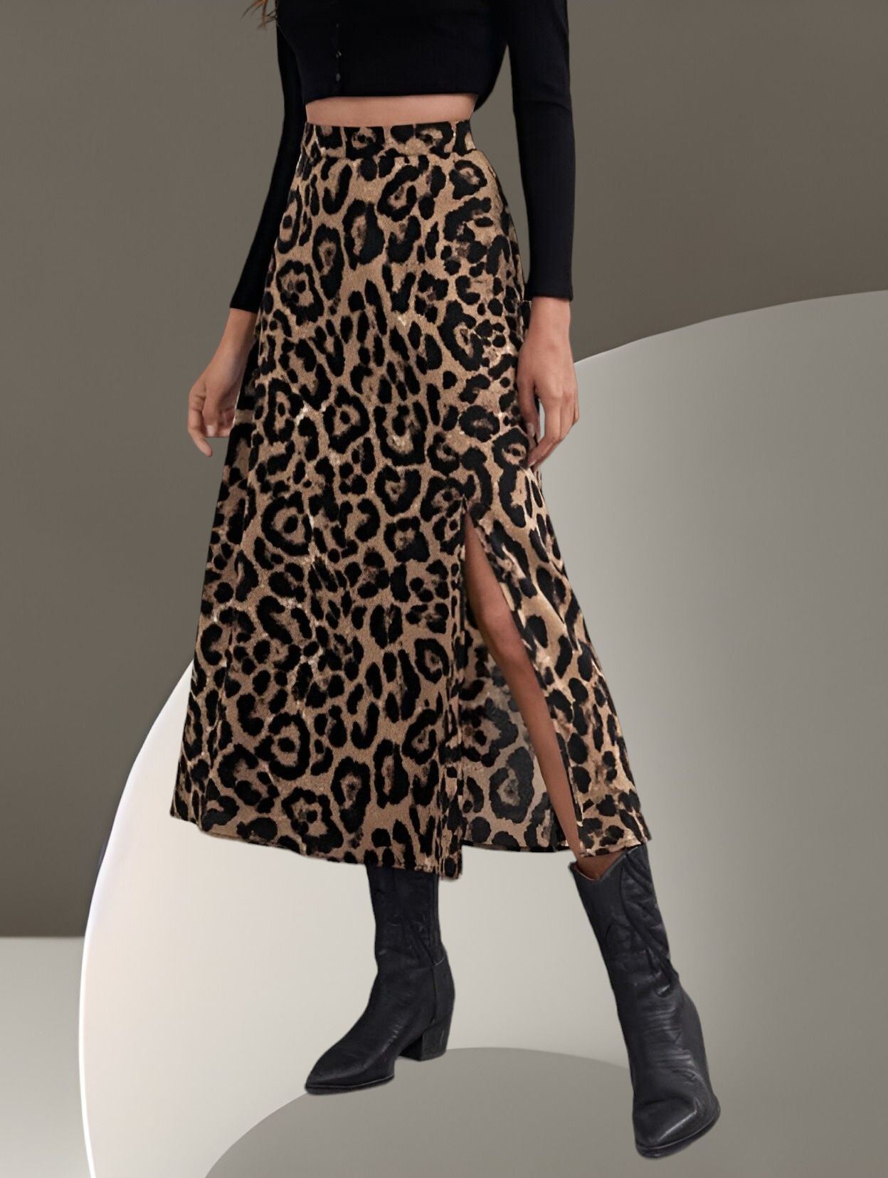 Women Animal Print Flared Black Skirt