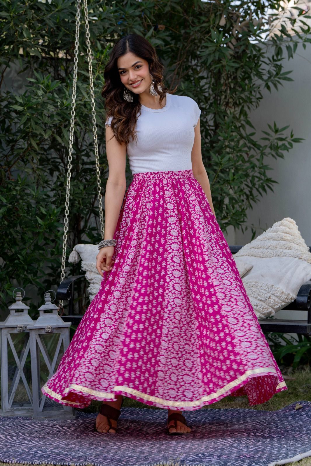 Women Printed Flared Pink Skirt-image-34