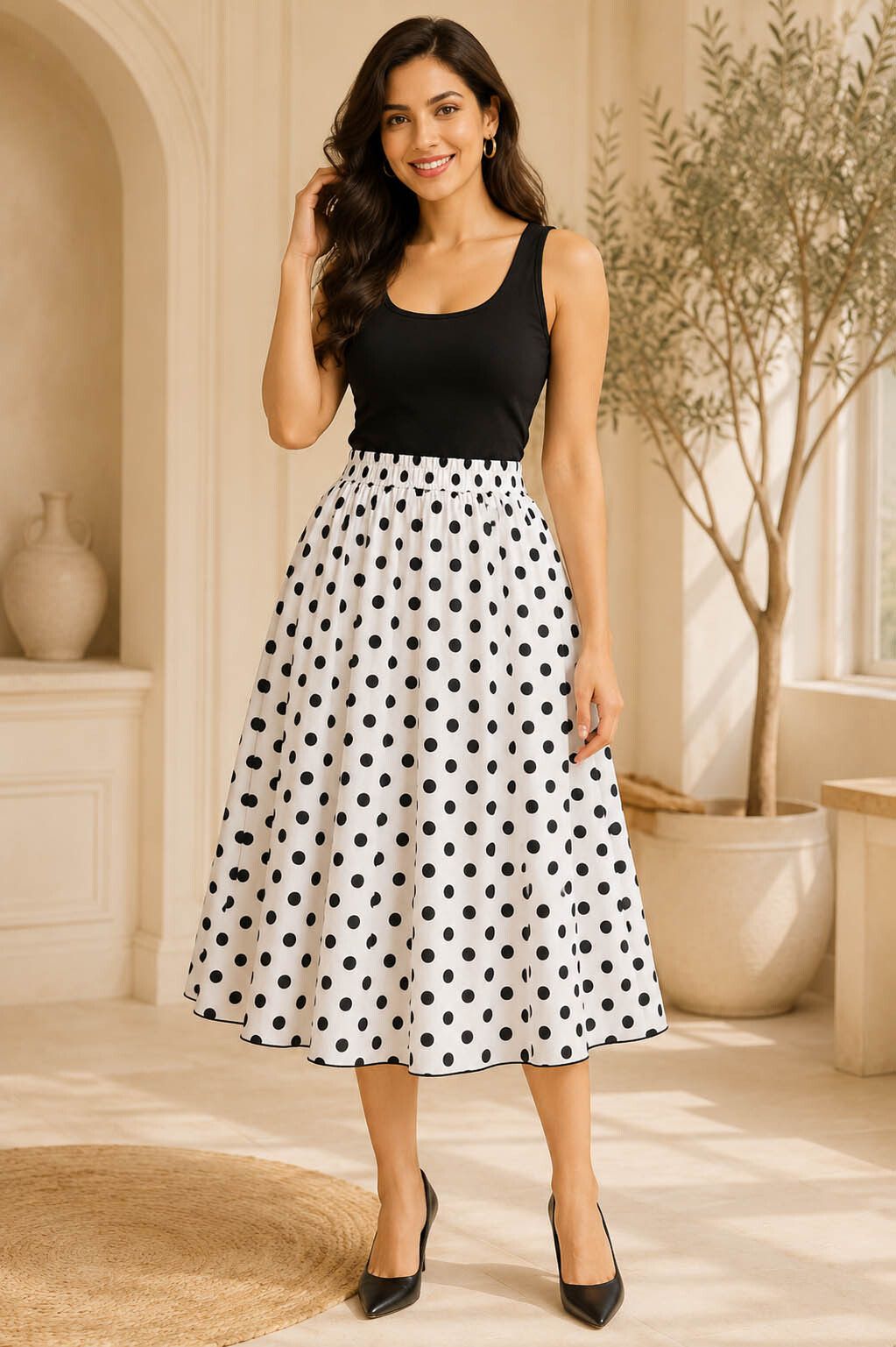 albalet Women Polka Print Flared Black, White Skirt-picture-46