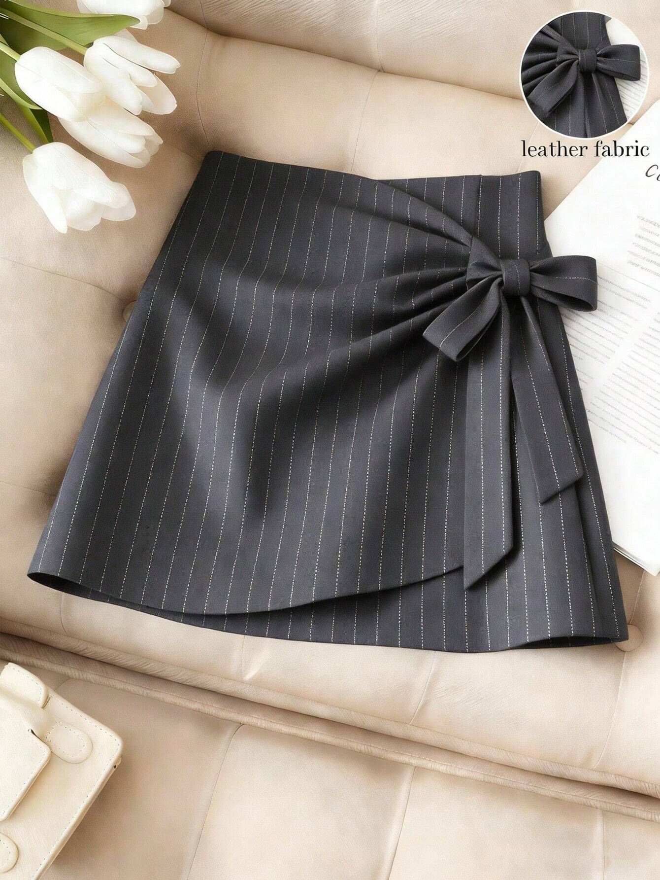 Women Striped Wrap Around Grey Skirt-image-0
