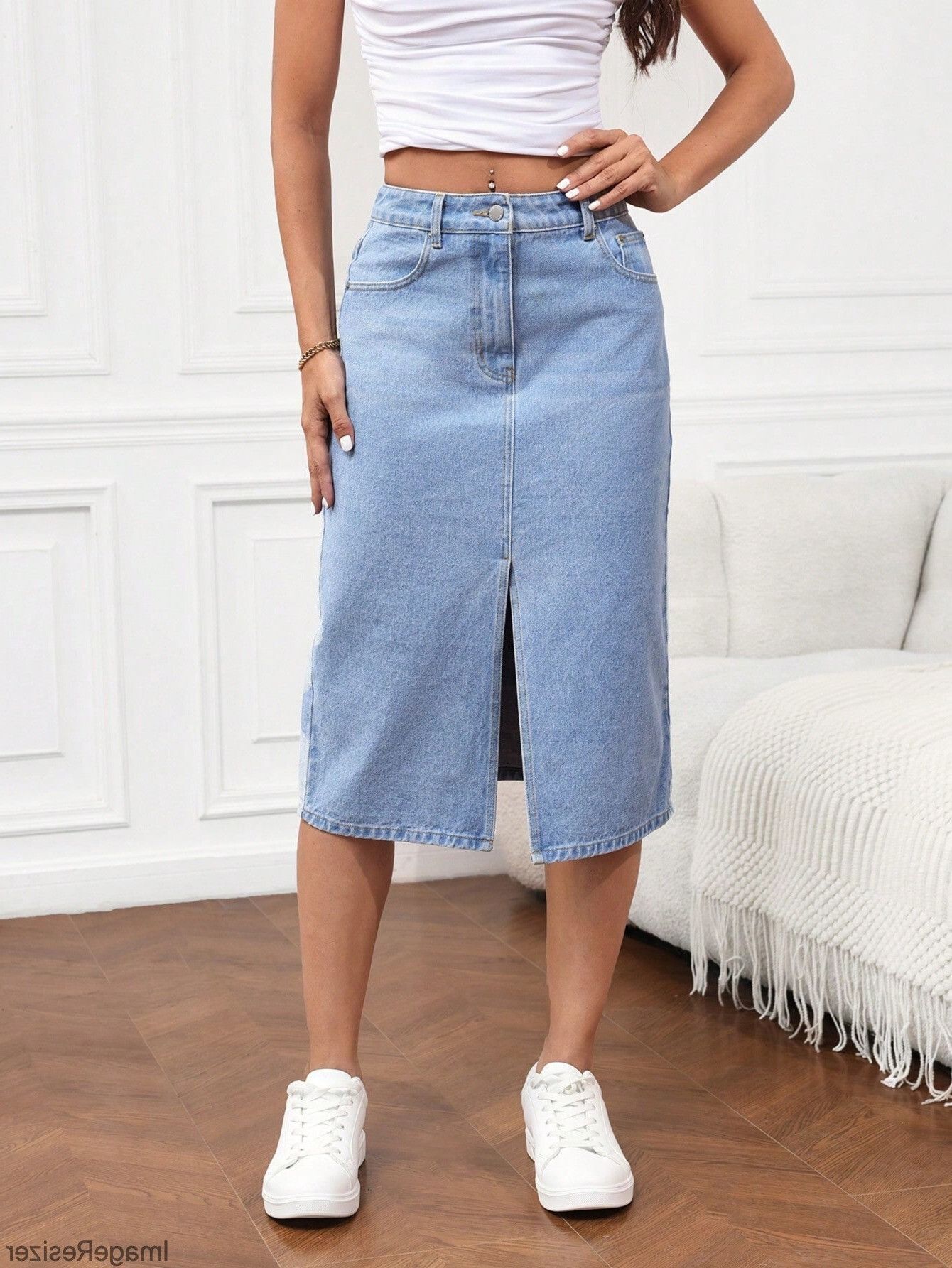 dolsia Women Solid Pencil Light Blue Skirt-picture-16