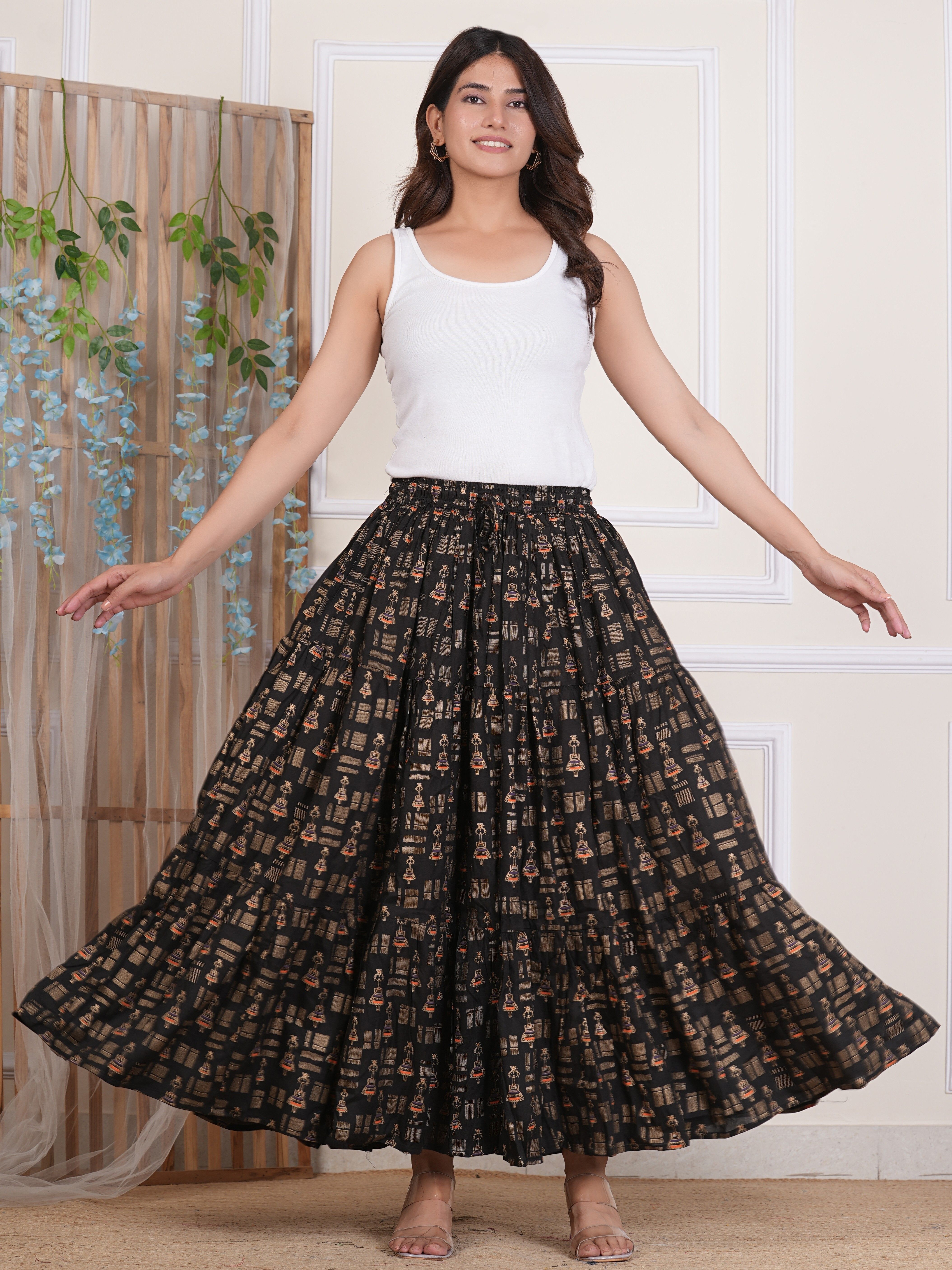 bsf india Women Printed Tiered Black Skirt-picture-27