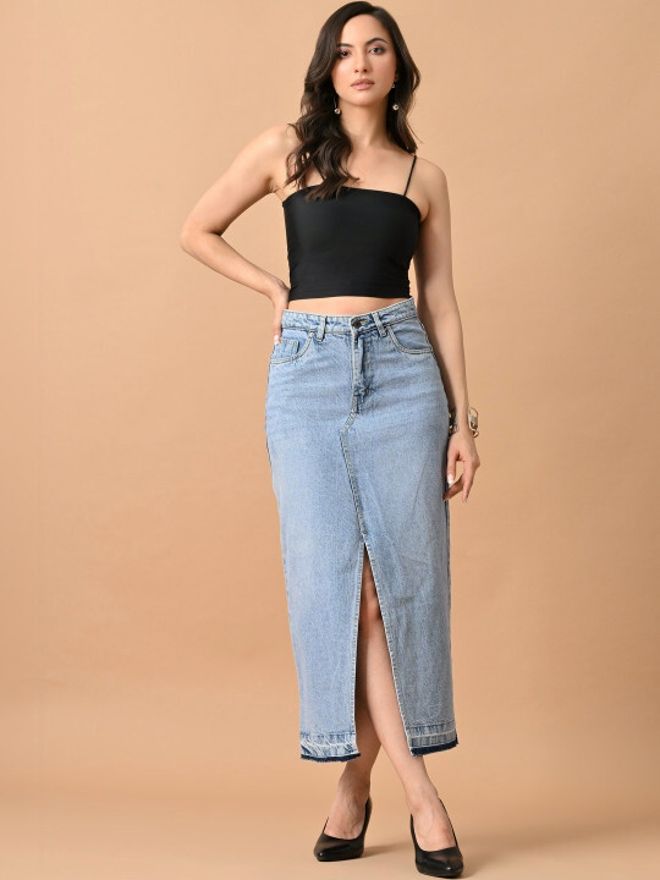 Women Solid Straight Light Blue Skirt-image-31