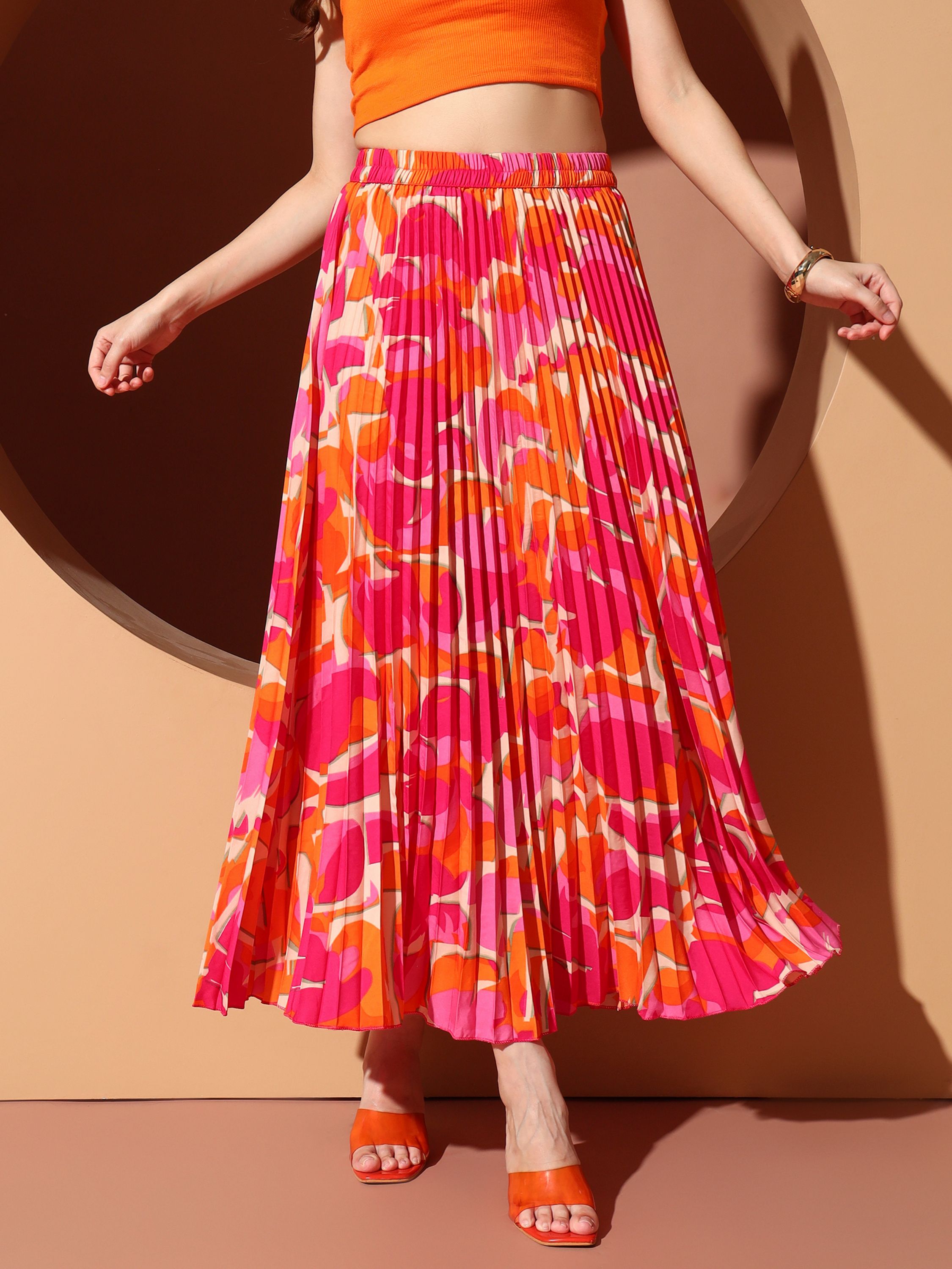 zwerlon Women Printed Pleated Orange Skirt-picture-22