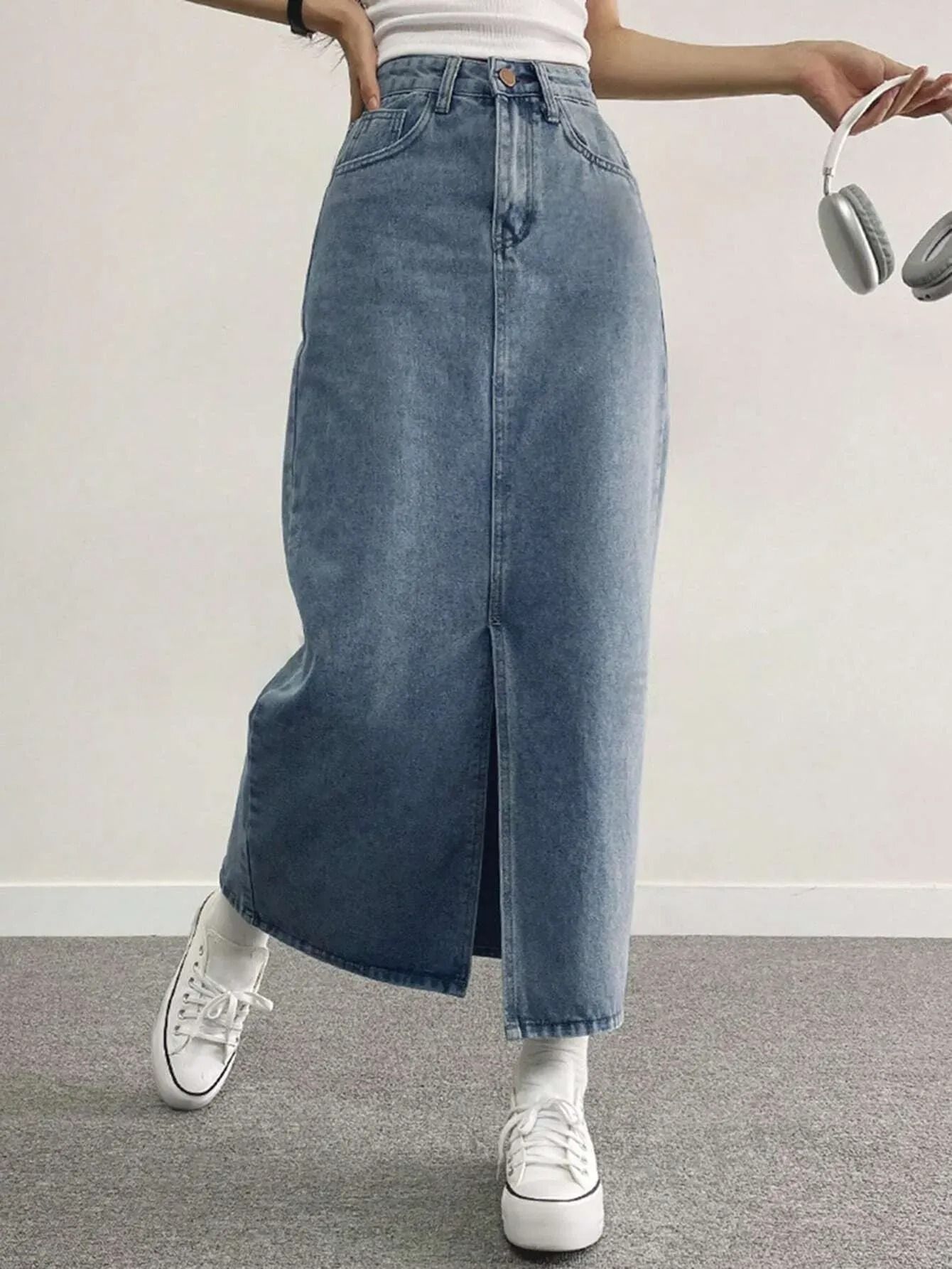 Women Solid Pencil Light Blue Skirt-image-34