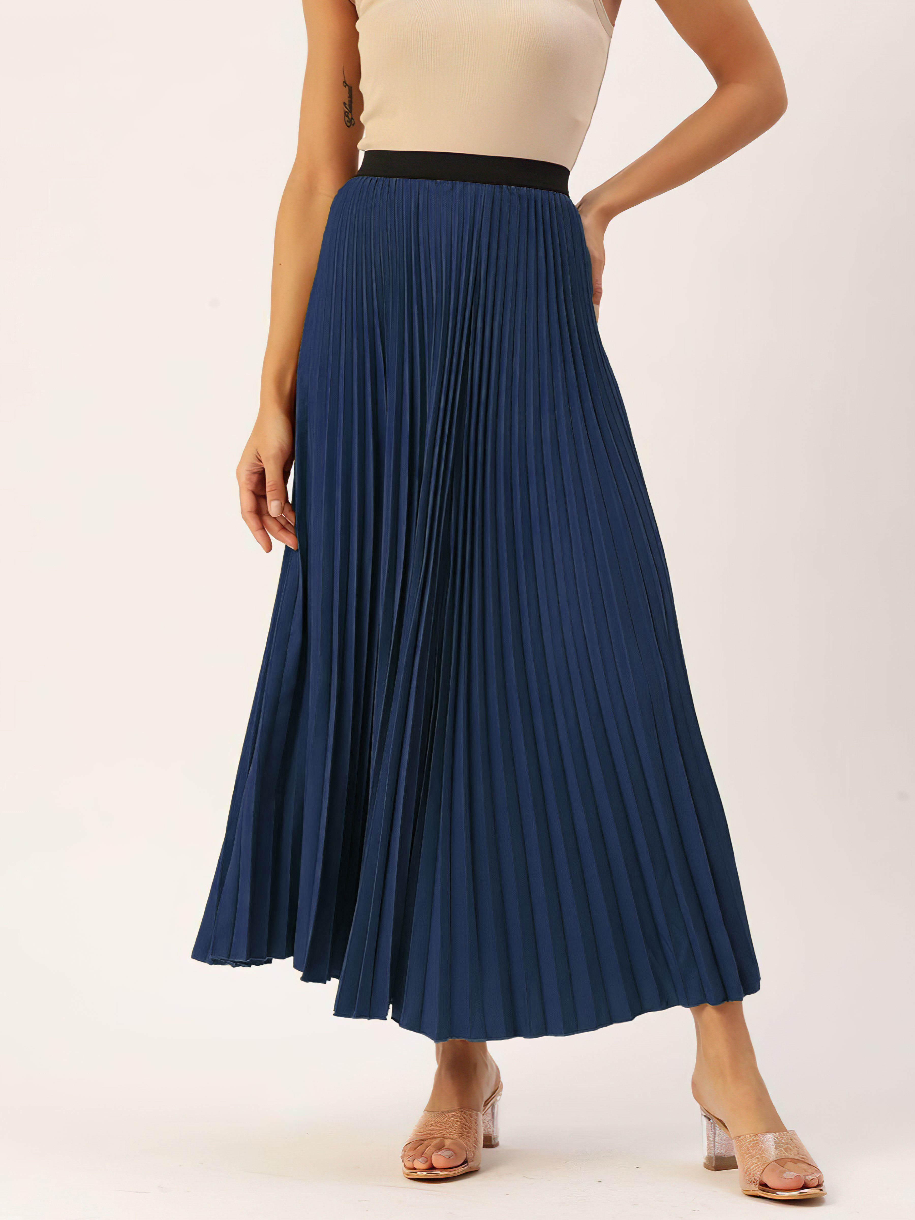 Women Solid Flared Dark Blue Skirt-image-29