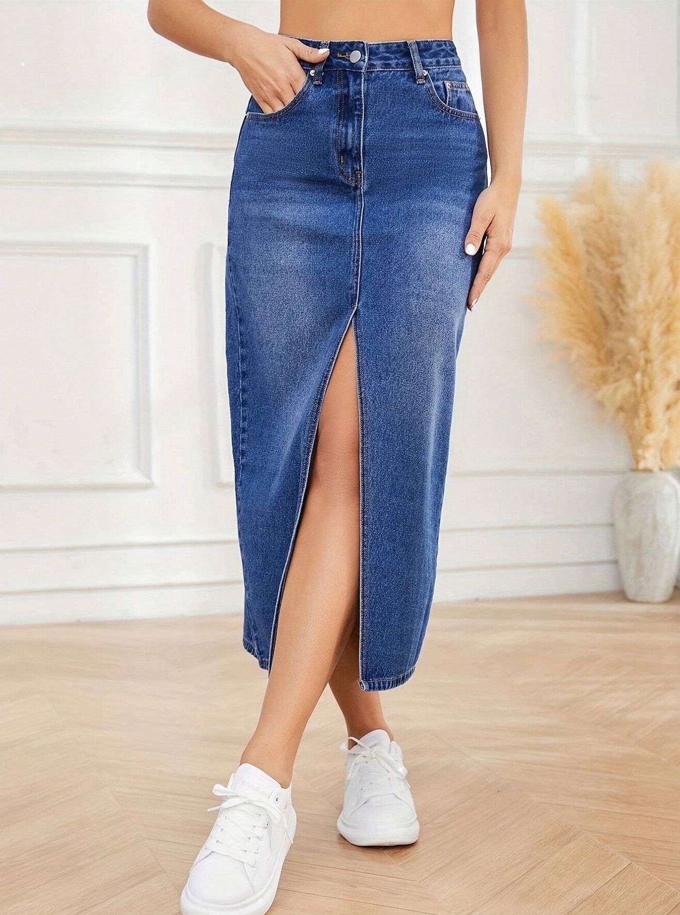 dolsia Women Solid Pencil Blue Skirt-picture-25