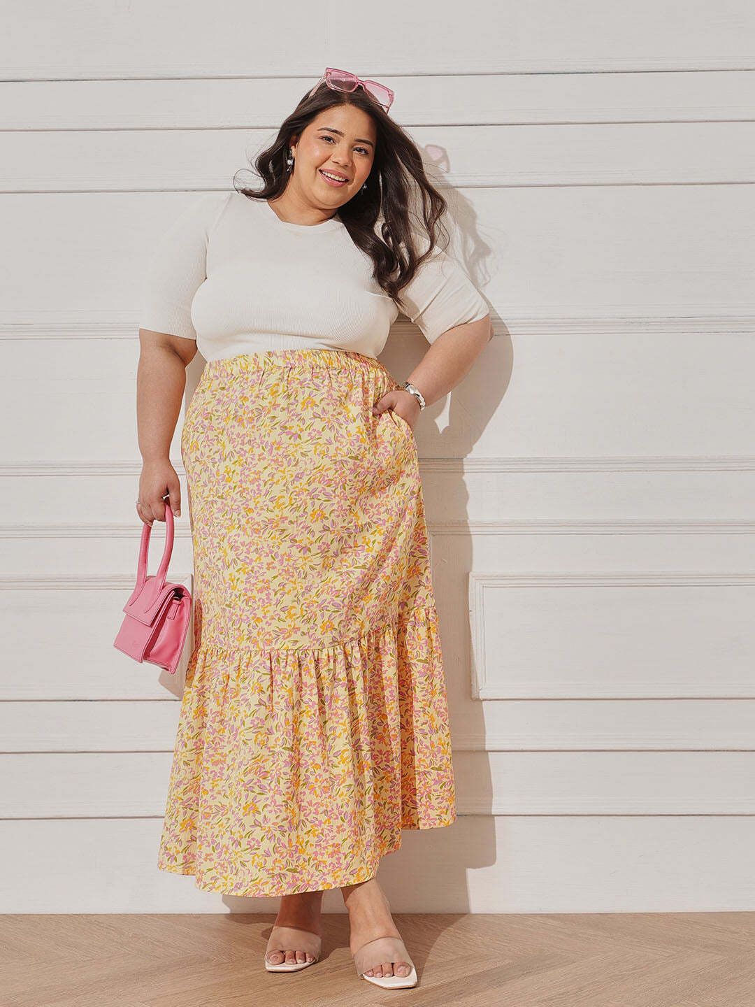curvy street Women Printed Tiered Yellow Skirt-picture-18