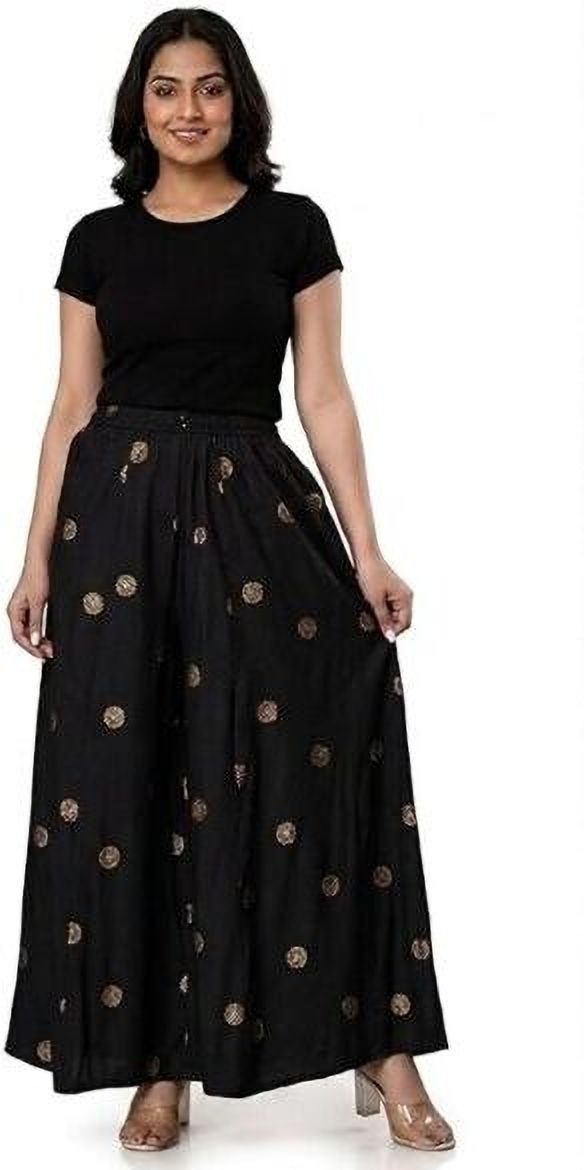 white tulips Women Flared Black Viscose Rayon Trousers-picture-0