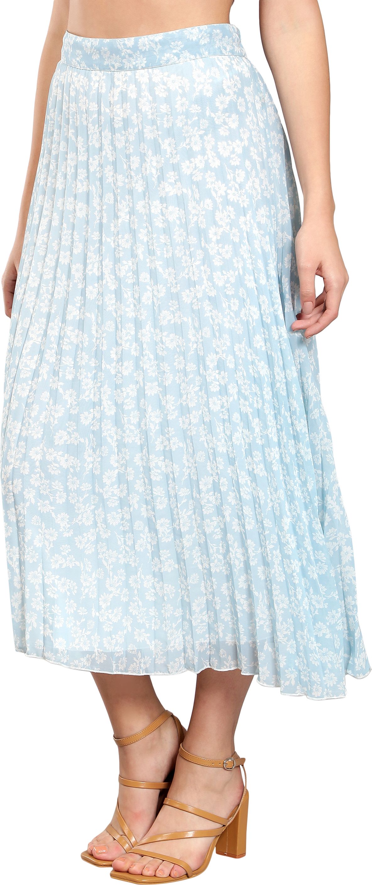 Women Printed Flared Light Blue Skirt-image-32