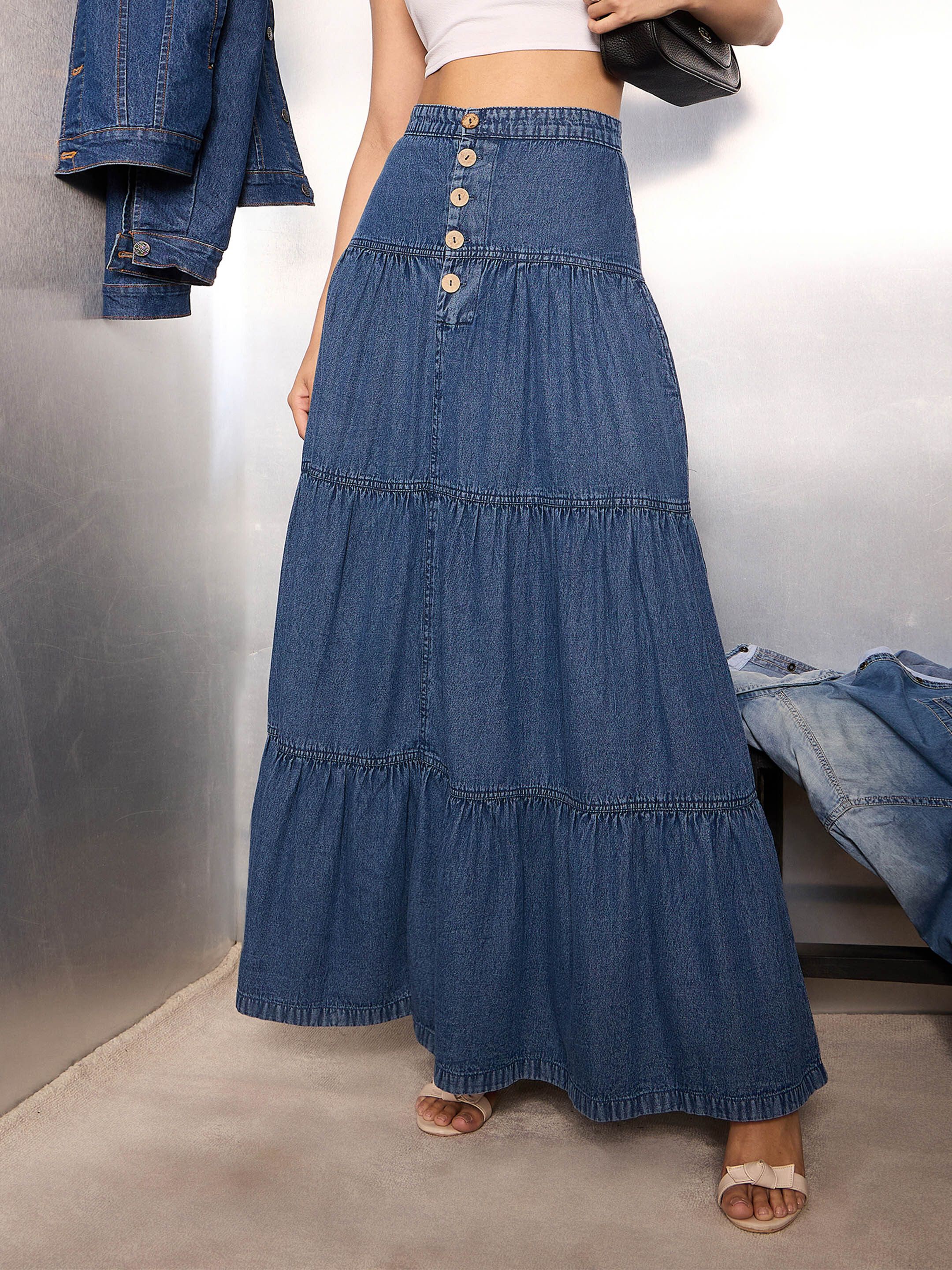 Women Solid Flared Blue Skirt-image-21