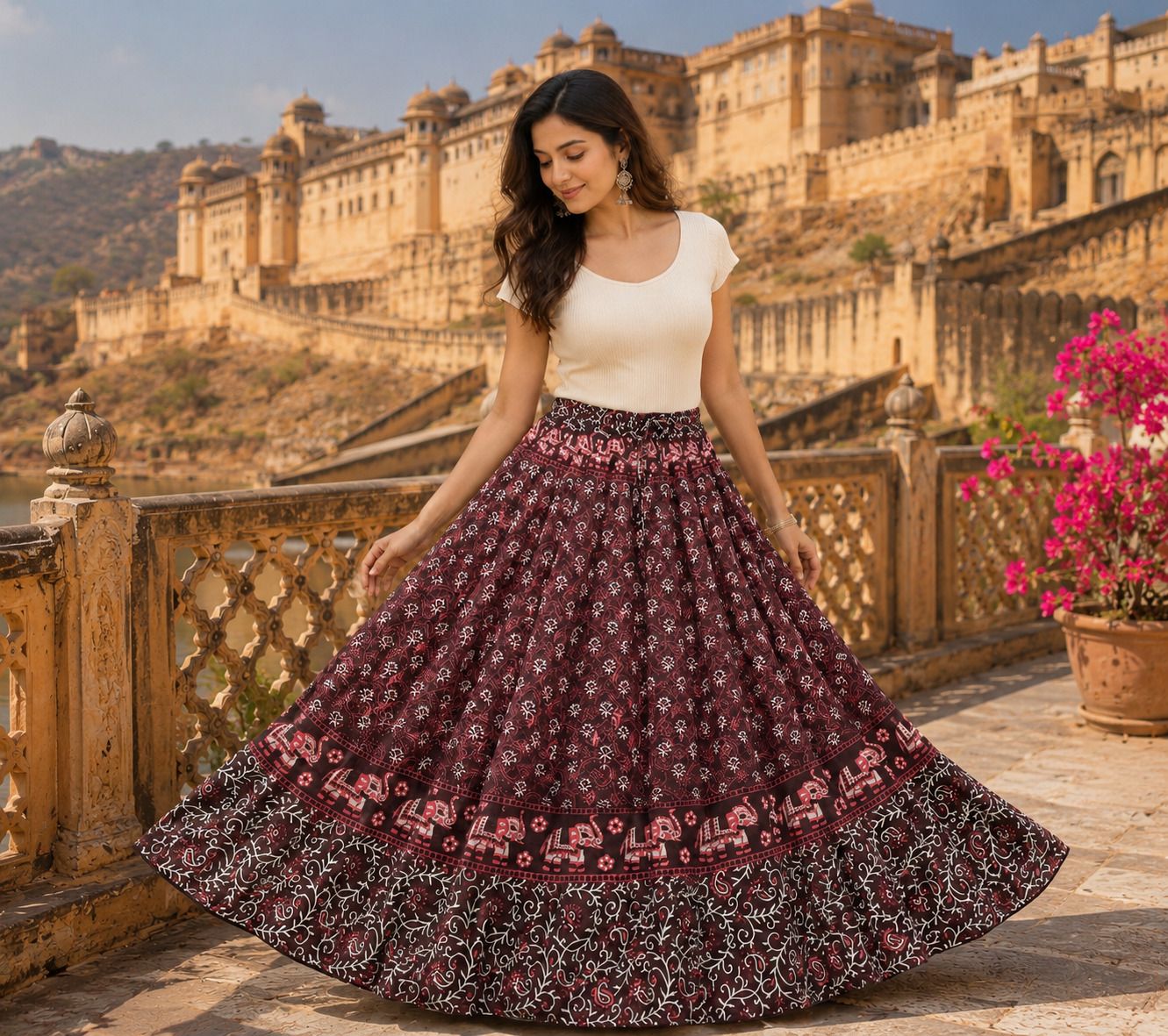 ruhvera Women Printed Flared Maroon Skirt-picture-17
