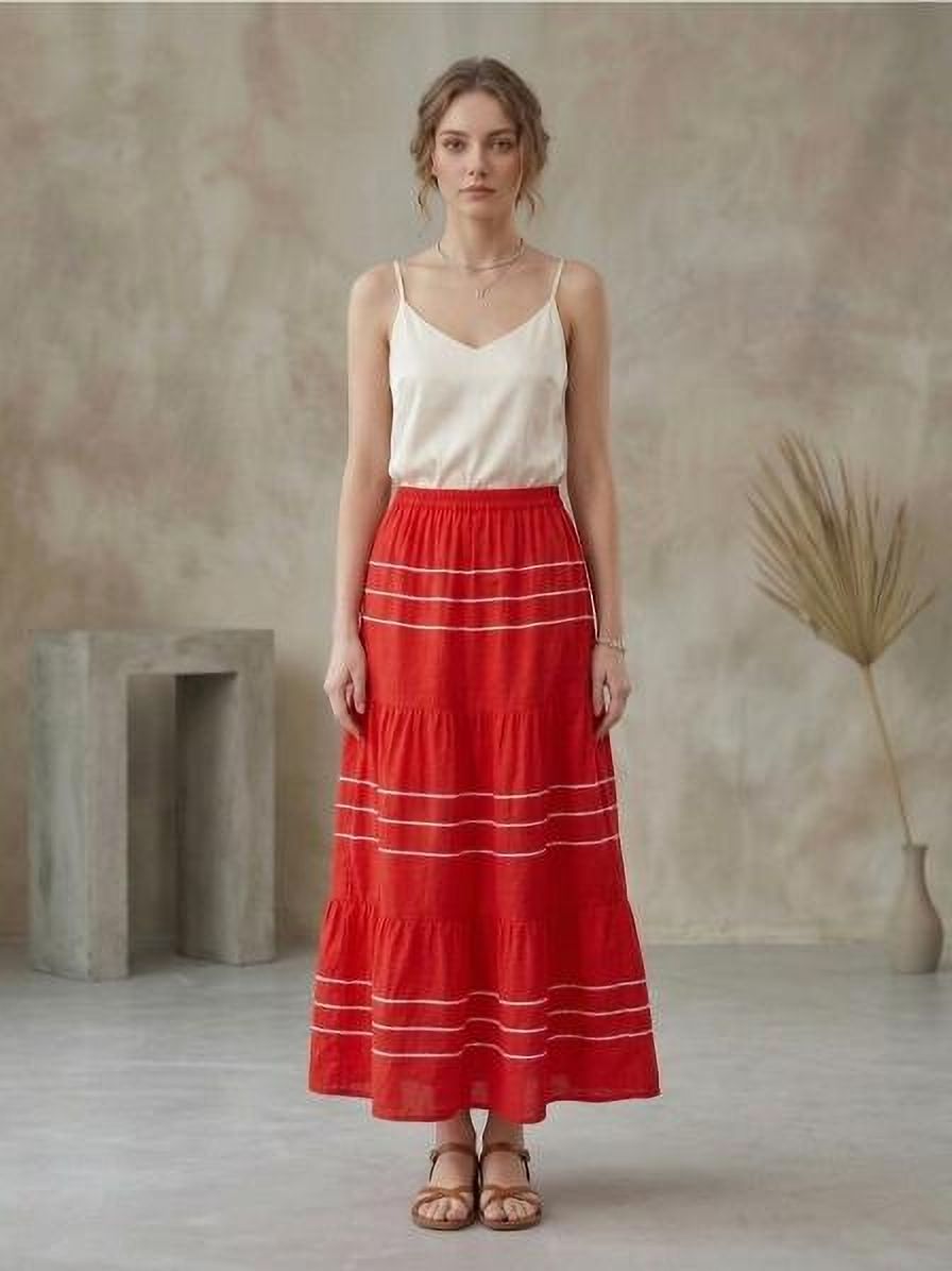 Women Striped Flared Red Skirt-image-40